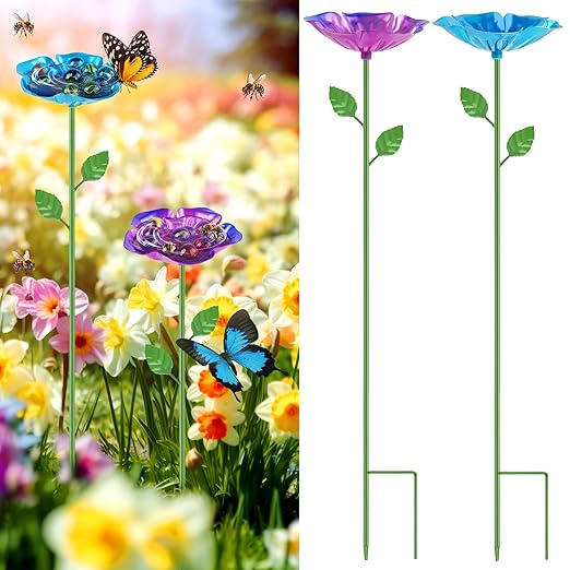 2 Pack Bee Watering Station, Metal Bee Feeder with Glass Marbles, Flower Shape Bee Butterfly Watering Station Bee Waterer Bee Water Catcher Cups for Outdoor Garden Courtyard Decor