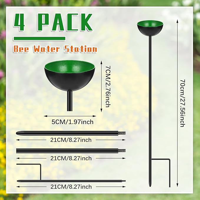4 Pcs Bee Watering Station Butterfly Water Catcher Cups Small Insects Bee Feeders for Outside Feeding and Watering Metal Garden Stakes Garden Sculpture Decor