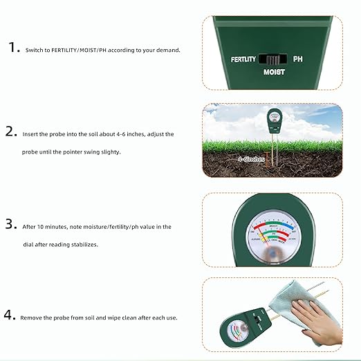 3-in-1 Soil Moisture Meter pH & Fertility Tester, No Battery Needed Plant Soil Test Kit for Houseplants, Garden, Lawn & Farm, Plug-and-Read Soil Acidity Meter for Indoor Outdoor Potted Plants (Green)