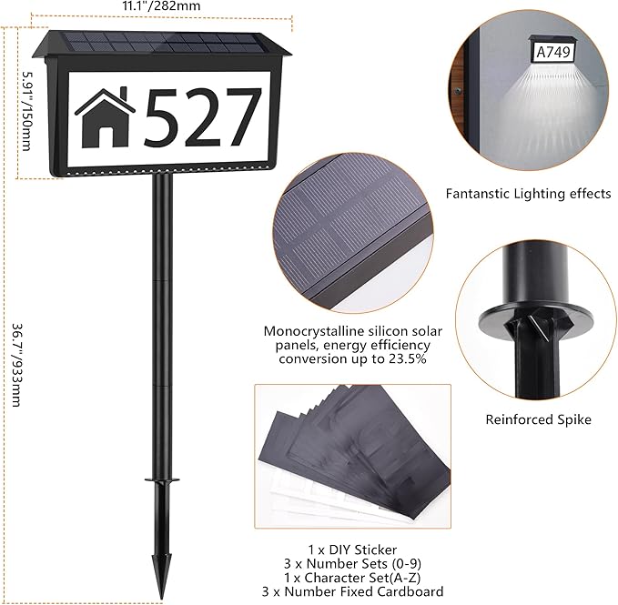 House Numbers for Outside Solar Powered, 2 Pack 3-Color LED Illuminated Solar Address Sign Plaques Waterproof with Stakes, Outdoor Lighted Home Number for Yard Garden Street Mailbox