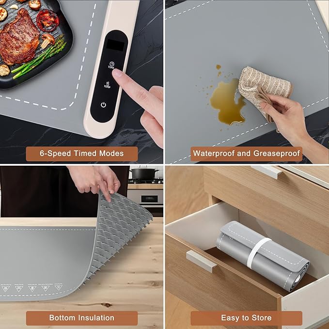 FYY Extra Long Warming Mat for Food - Rapid and Full Surface Heating, 6 Temp Settings, 6H Timer, Rollable Portable Food Warming Mat for Gatherings, Parties, Keep Meal Warm (XXX Large Size, Gray)