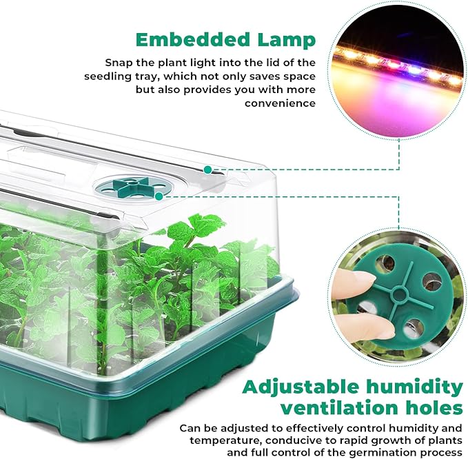 Seed Starter Tray with Grow Light, 96-Cell Seed Starter Kit, Seedling Starter Trays with Humidity Domes, Automatic Timer, Adjustable Light Indoor Gardening Plant Germination Trays
