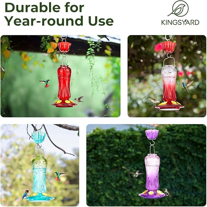 Kingsyard Glass Hummingbird Feeders for Outdoors Hanging, Hummingbird Nectar Feeder with Ant Moat & 6 Bee Guard Feeding Ports, 25 Ounces Leak Proof (Red)