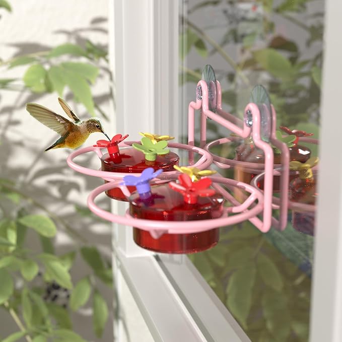 2 Pack Window Hummingbird Feeder, Small Hummingbird Feeder for Outdoors with Strong Suction Cup - Metal Base & 6 Feeding Ports, Easy to Clean and Refill, Pink