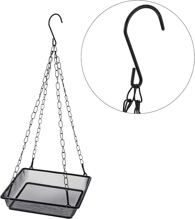 2 Pieces Metal Hanging Bird Feeder Tray, Mesh Bird Feeding Seed Tray Platform with Chains Outdoor Garden Decoration for Hanging Wild Backyard(Black)