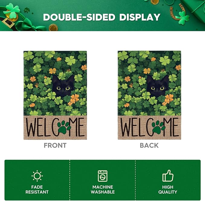 AVOIN colorlife St Patricks Day Garden Flag 12x18 Inch Double Sided Outside, Black Cat Welcome Shamrocks Holiday Yard Outdoor Flag