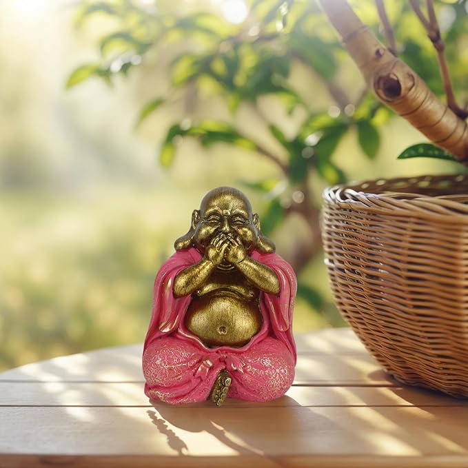 Laughing Buddha Statue - Gold Small Buddha Statues with Three Color Clothes for Home Decor (No See, No Speak, No Hear) - House Decor, Meditation & Feng Shui Gift (5.5 * 4.7 * 6.7") (Pink)