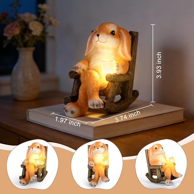 Garden Statues Dog Statue with Solar LED Light, Ideal Gifts for Friends or Family's Birthday, Outdoor Decorations for Yard (Rocking Chair Bunny)