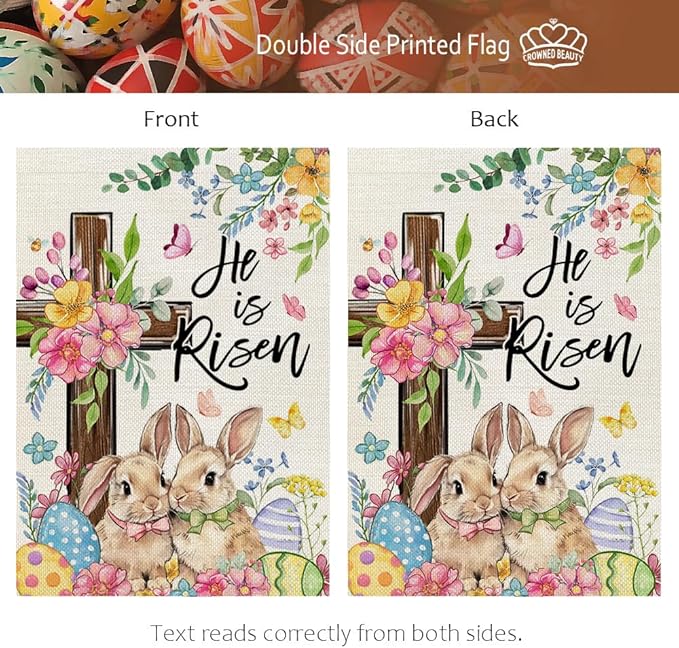 CROWNED BEAUTY Easter Garden Flag He is Risen Cross Bunnies 12x18 Inch Double Sided Floral Holiday Decoration for Outdoor Lawn Yard