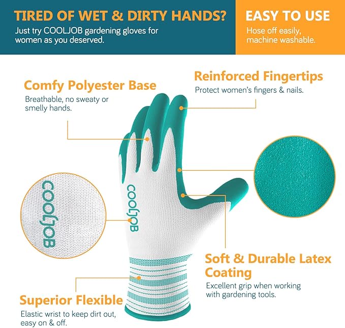 COOLJOB Gardening Gloves for Women and Ladies, 6 Pairs Breathable Rubber Coated Yard Garden Gloves, Outdoor Protective Work Gloves with Grip, Size Small, Red & Green