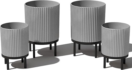 Veradek Demi Series Round Planter w/Stand for Porch/Patio | Durable Plastic-Stone Composite & Wooden Stand | Modern Décor for Tall Plants, Flowers