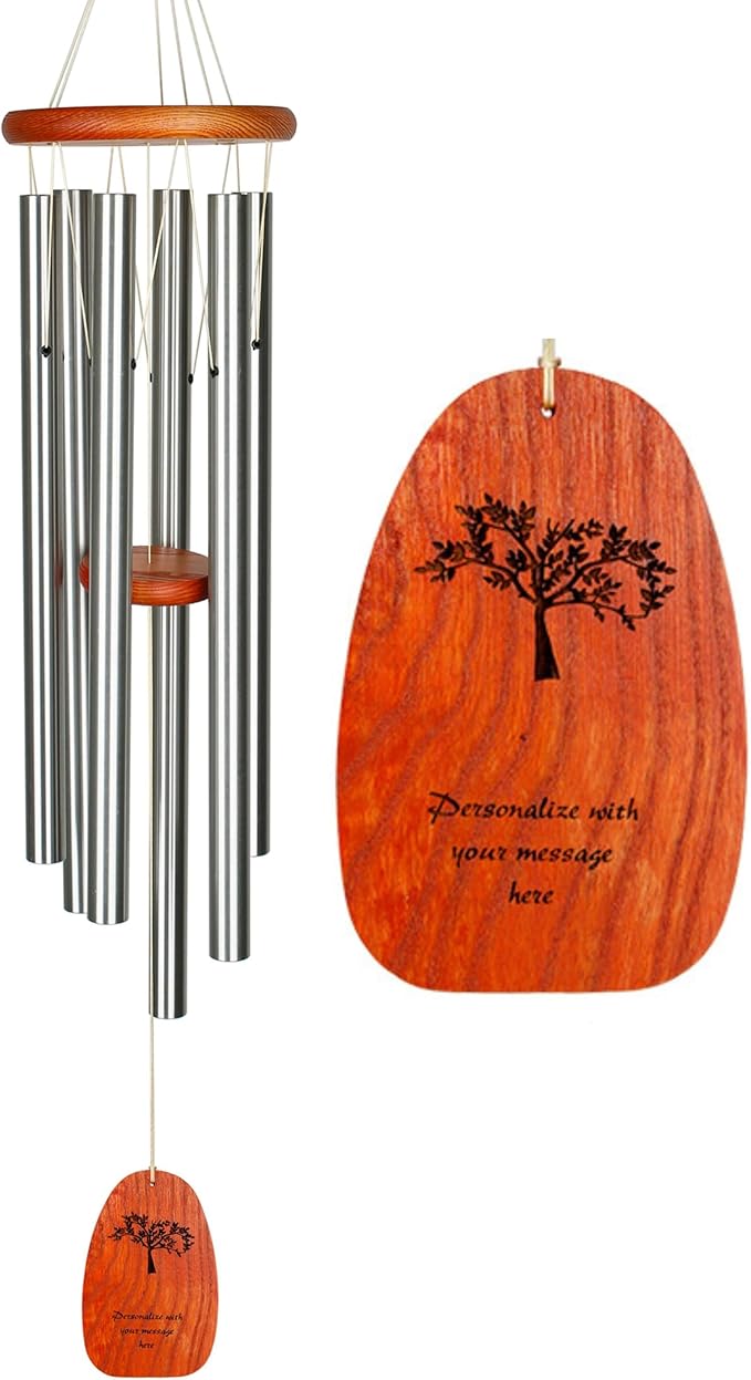 Woodstock Wind Chimes Personalized Tree of Life Amazing Grace Memorial Chime for Outside 40'' Large Silver Sympathy Customized Tree of Life Inspirational Wind Chime for Outdoor Patio Home Garden Decor