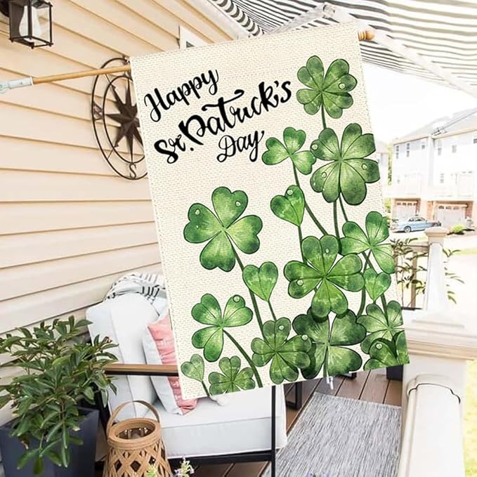 Happy St Patricks Day House Flag 28x40 Inch Double Sided Outside, Blossom Shamrock Outdoor Large Garden Yard Flag Green Lucky Clover Holiday Decoration