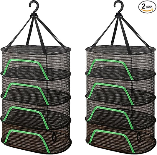 WALLBIG 2-Pack Herb Drying Rack,4 Layers Mesh Drying Rack,Hanging Herb Drying Rack with Zipper,Foldable Mesh Drying Rack with Hook for Herbs,for Outdoor Indoor (Black)