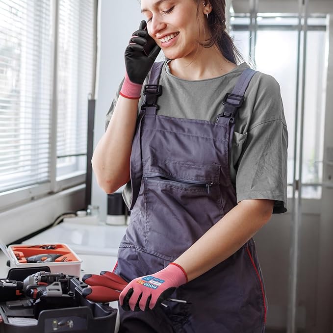 KAYGO Work Gloves PU Coated for Men and Women, 12 Pairs Safety Work Gloves with Two Fingers Touchscreen, Breathable and Lightweight,Ideal for Light Warehouse, Manufacturing, Gardening, KG11P (S,Pink)