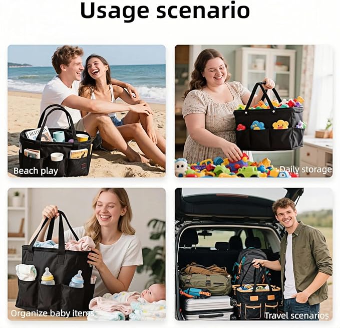 Foldable Storage Basket, Black Oxford Fabric Multi-Pocket Collapsible Basket with Handles:Portable Picnic,Beach,Garden Harvest,Market Shopping Basket,Home Storage,Bathroom Organizer Travel