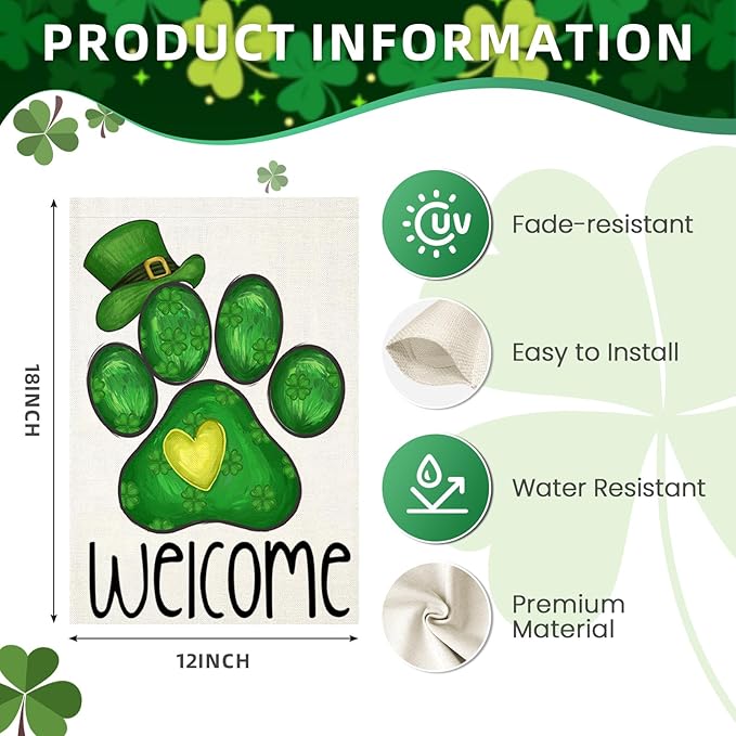 Welcome St Patricks Day Garden Flags for Outside, Irish Dog Paw with Green Hat Lucky Shamrocks Yard Decoration, Small Seasonal Outdoor Decor for Farmhouse Holiday,12x18 Inch Double Sided