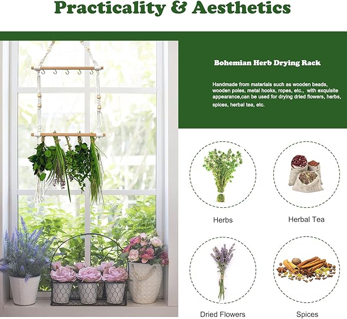 Herb Drying Rack Hanging Macrame Boho Plant Dryer Racks Two-Layer Handcrafted Woven Air Dry Herbal Hangers with S-Shaped Hook 32Ft Jute Twine for Spices Weed Flowers