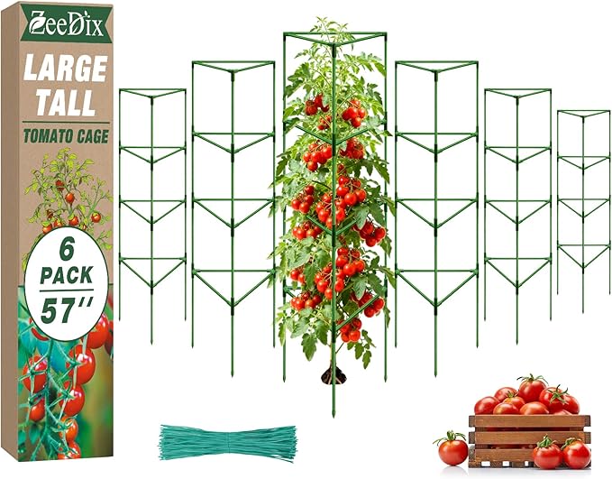 [Upgraded] ZeeDix 57 Inch Tall Tomato Cages for Garden, 6 Pack Large Plant Trellis Support Stakes for Climbing Plants, Heavy Duty Adjustable Tomatoes Cage for Pots, Raised Garden Bed Outdoor Supplies
