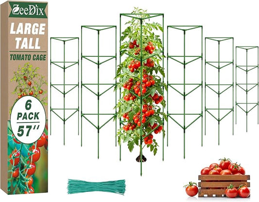 [Upgraded] ZeeDix 57 Inch Tall Tomato Cages for Garden, 6 Pack Large Plant Trellis Support Stakes for Climbing Plants, Heavy Duty Adjustable Tomatoes Cage for Pots, Raised Garden Bed Outdoor Supplies