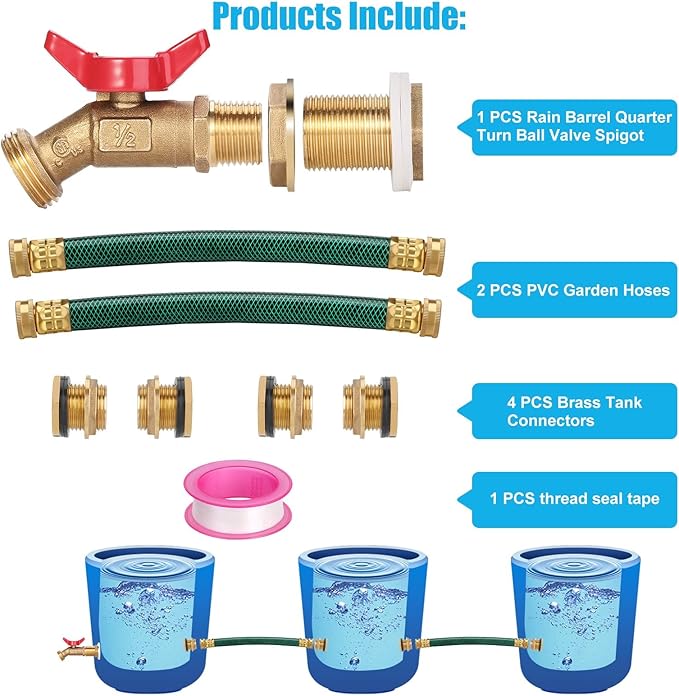 WADEO Rain Barrel Spigot - Brass Quarter Turn Ball Valve with Bulkhead Fitting, Two 12 Inch Hoses and Four Brass Fittings