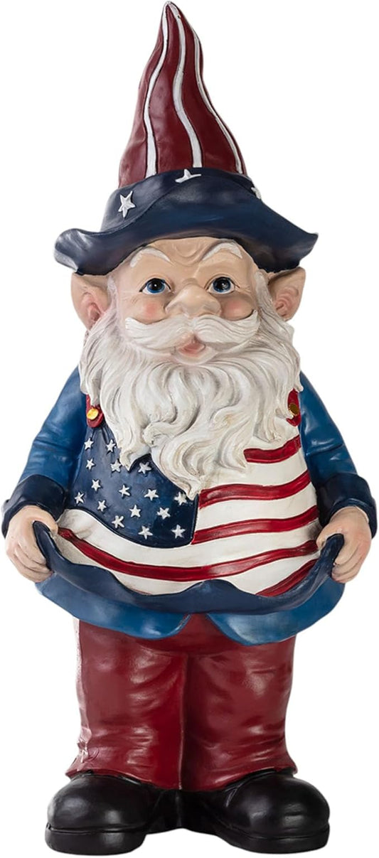 Alpine Corporation 12" Tall Outdoor Americana Garden Gnome with American Flag Bird Feeder and Yard Statue Decoration
