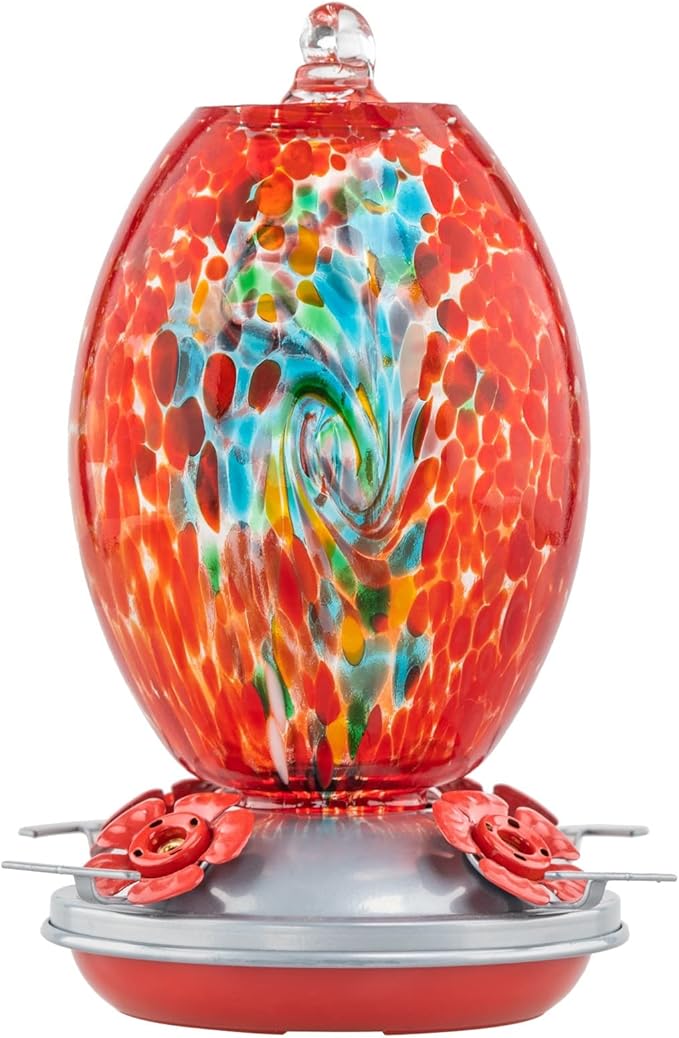 Muse Garden Glass Humming Bird Feeders for Outdoors - 27OZ Blown Glass Hummingbird Feeder - Unique Gift Mom Women Grandparents, Outdoors Hanging Garden Decor, Includes Ant Moat & Brush, Red Swirl