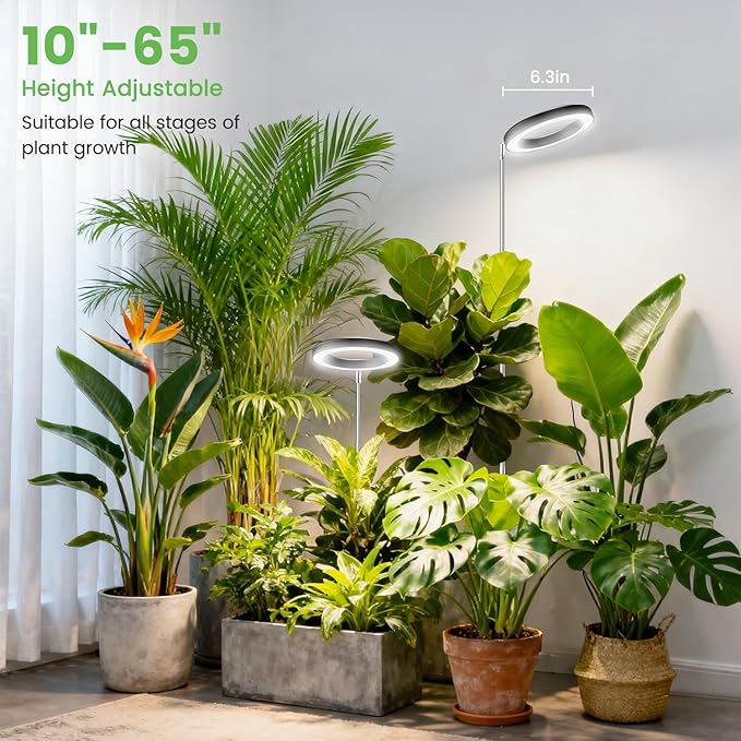 6.3in Grow Light, 80LED Full Spectrum Plant Light for Indoor Growing, Height Adjustable 10"-65", Auto Timer 6/12/16H, 3 Optional Spectrums, Idea for Large Plant, 5V, Black, 2 Pack