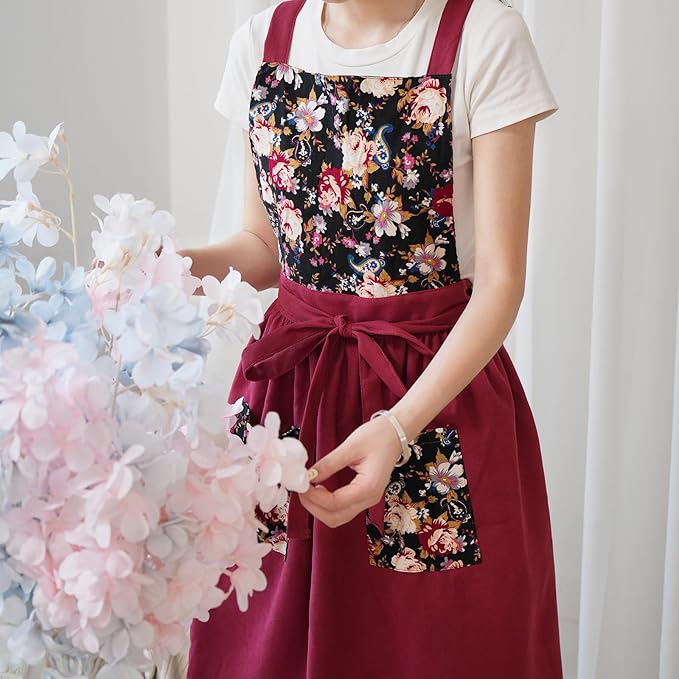 Vintage Pinafore Apron Dress for Women with Pockets Cute Floral Chef Aprons for Kitchen Cooking Baking Gardening