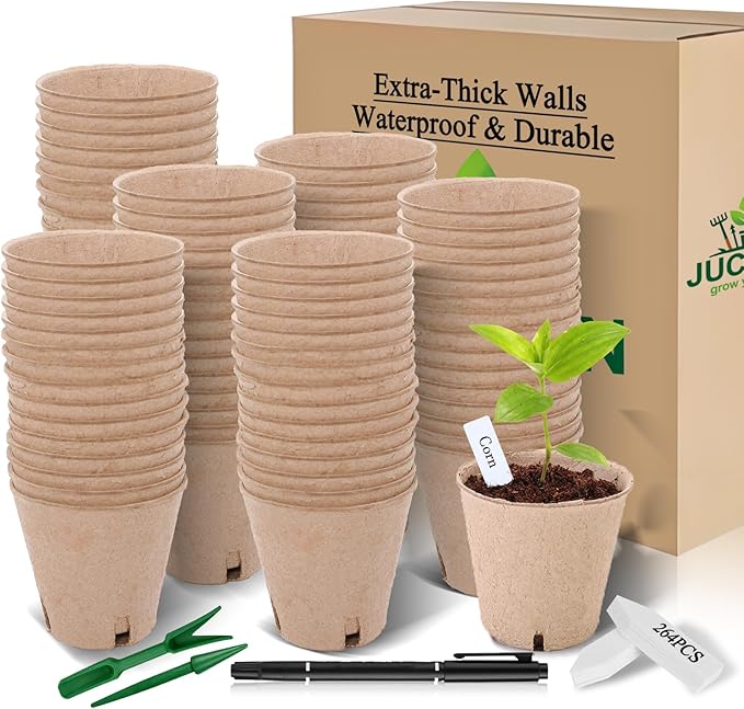 Peat Pots 264 Pcs 3.15 inch, Biodegradable Compostable Plant Seed Starter Pots Paper Potting Cups for Seedlings Planting Seeds, Thickened with Drainage Holes Includes Tools and 264 Plant Tags