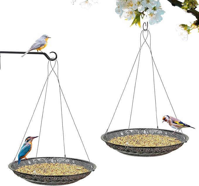 Upgraded Hanging Bird Feeder Tray (2 Sets),11.8” Stainless Steel Large Platform Open Bird Seed Tray for Outside Wild Birds