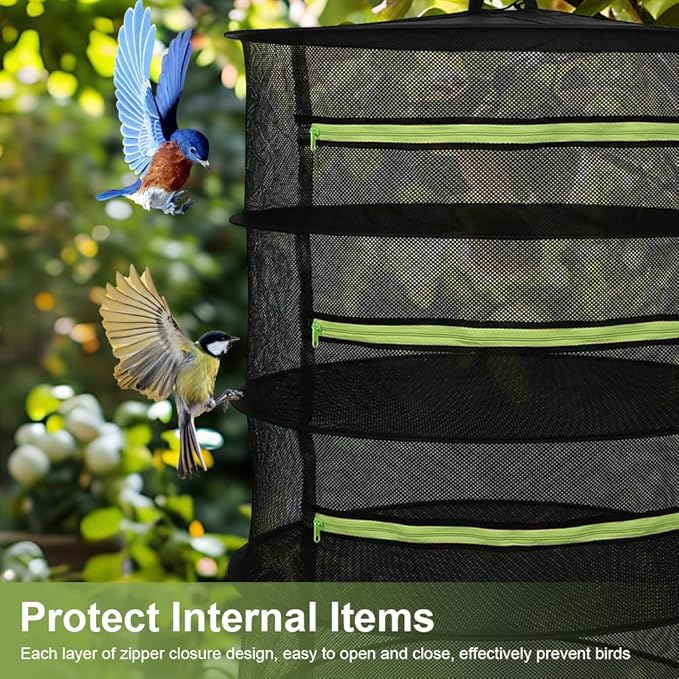 Herb Drying Rack, 4-Layer Collapsible Mesh Hanging Dryer Net with Zippers, Compartment for Herbs, Flowers, Vegetables, Spices, Fish, Food, Fiting in Grow Tents, Garden Outdoor Harvest, 24"