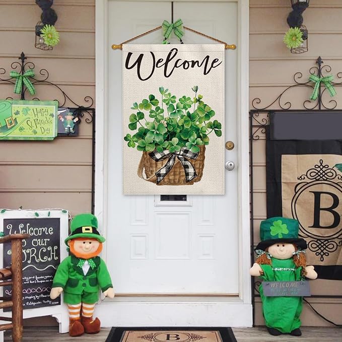 AVOIN colorlife St Patricks Day House Flag 28x40 Inch Double Sided Outside, Lucky Shamrocks Clovers Welcome Yard Outdoor Decoration