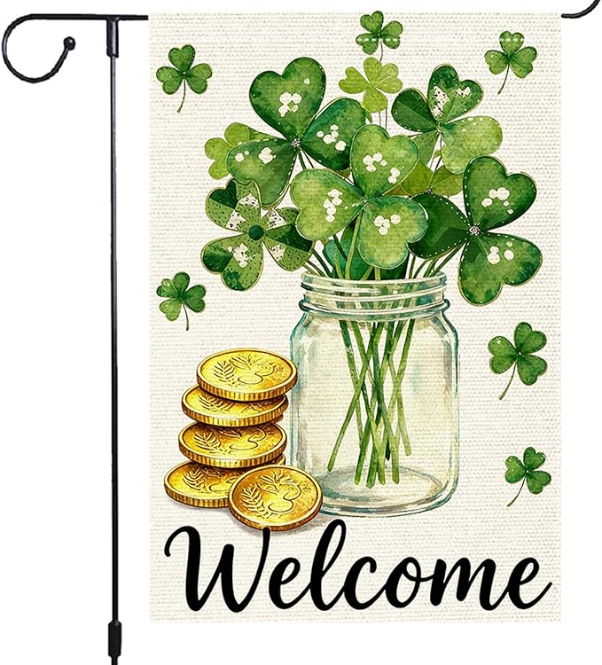 St Patrick's Day Garden Flag 12x18 Inch Double Sided Burlap Flag Welcome Shamrock Mason Jar Gold Coins Outdoor Decor for Yard Patio Irish Festival Decorations