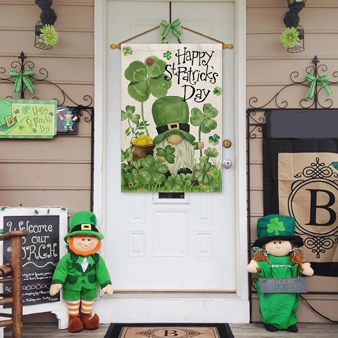 AVOIN colorlife Happy St Patricks Day House Flag 28x40 Inch Double Sided Outside, Leprechaun Gnome Lucky Clover Holiday Yard Outdoor Flag