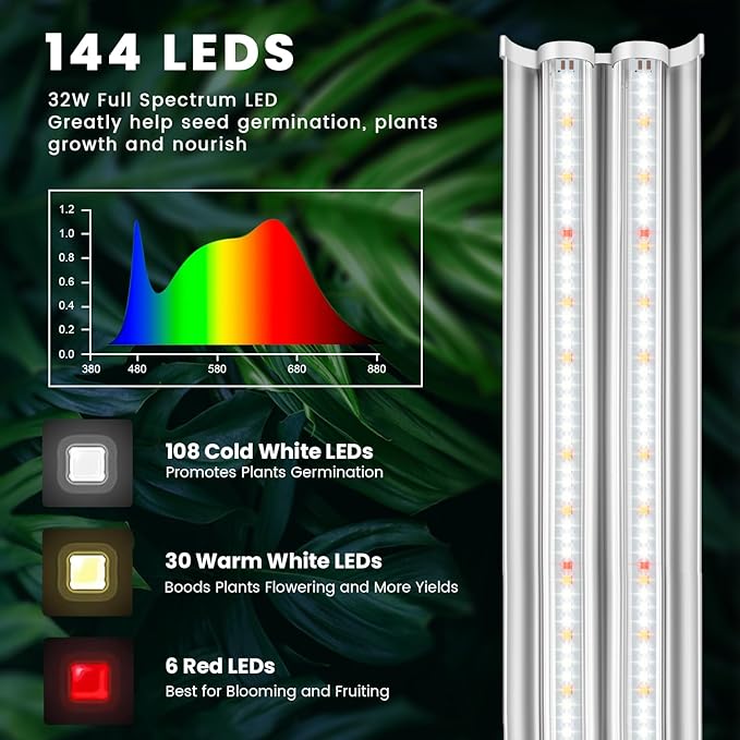 Wolezek Grow Lights for Seed Starting with 6/9/12H Timer, 2ft T5 144 LEDs Full Spectrum Grow Light Seedling with Stand for Indoor Plants, 32W High Output Seed Starter Light Kit, Height Adjustable