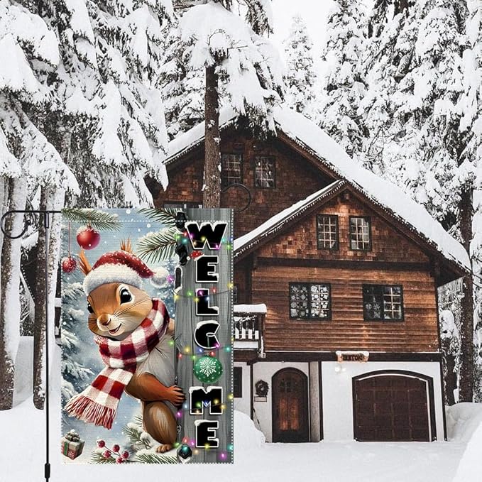 Christmas Garden Flag 12x18inch The Nut Squirrel Welcome XMAS winter Garden Flags Yard Porch House Flag Double-Side For Home Outdoor Yard Patio Lawn Decor,Happy New Year merry Christmas banners for outside Decorations (RMQ-85, 12"X18")