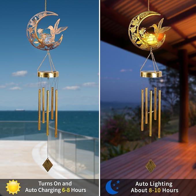 Hummningbird Solar Outdoor Wind Chimes - Unique Moon Hummingbird Design, for Mothers, Grandmothers, Sisters, Friends and Girls on Birthdays, Christmas, Thanksgiving and Mother's Day