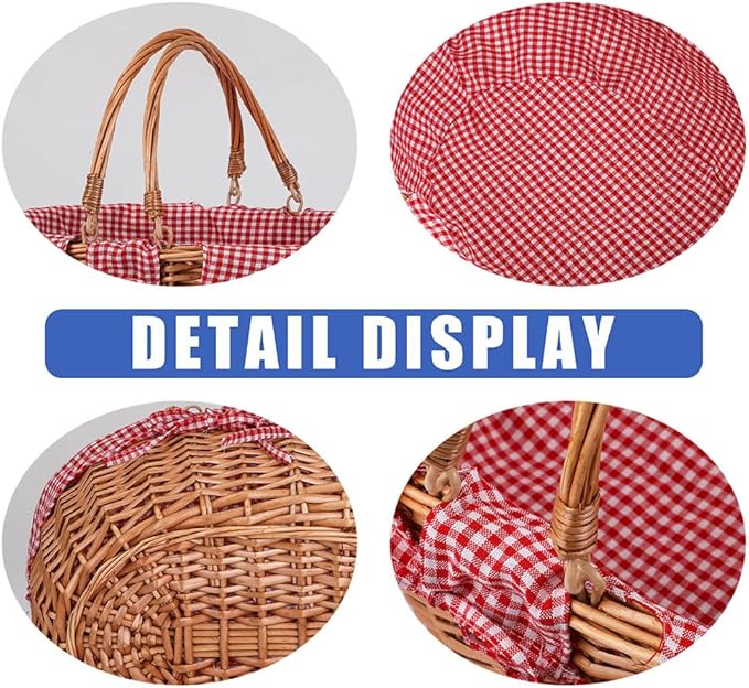 Large Wicker Picnic Basket with Handles,Handle Sturdy Woven Body with Removable and Washable Lining,Outdoor Camping,Gift Packing,Garden Picking, Storage.red
