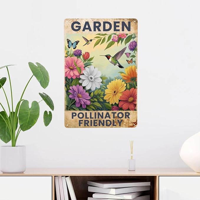 Garden Signs Pollinator Friendly Metal Tin Signs Flowers Signs 8x12 Inch Outdoor Wall Decor