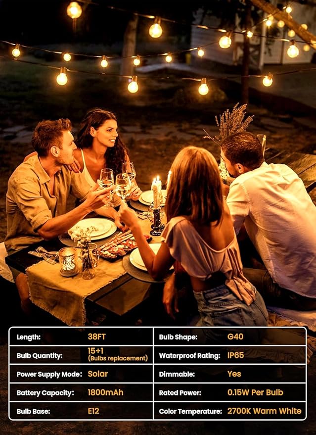 Brightown 38FT Solar String Lights Outdoor and 16 LED Shatterproof Bulbs, Dimmable & Timable, 3 Light Modes, Solar Patio String Lights Outdoor for Cafe Garden Deck Outside Wedding, No Remote Control