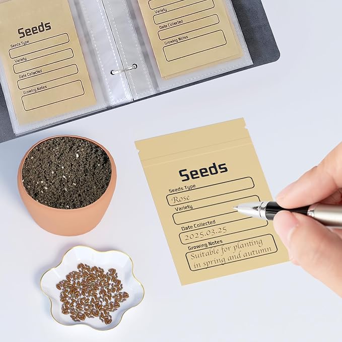 Seed Organizer Binder with 50 PCS Resealable Seed Envelopes - 50 Storage Pockets, 3.5x5 Inch Clear Sleeves, Seed Saver for Garden Lover - Gray