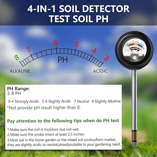 4-in-1 Soil Tester, Battery Free Plant Moisture Meter with PH/Moisture/Light Test/Fertilizer, Soil PH Meter for Garden, Lawn, Potted Plants, Farm (90° Rotation)