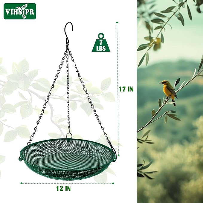 Platform Hanging Bird Feeder for Outdoors – Metal Mesh Seed Tray to Attract Wild Birds, Round 12 in, Green