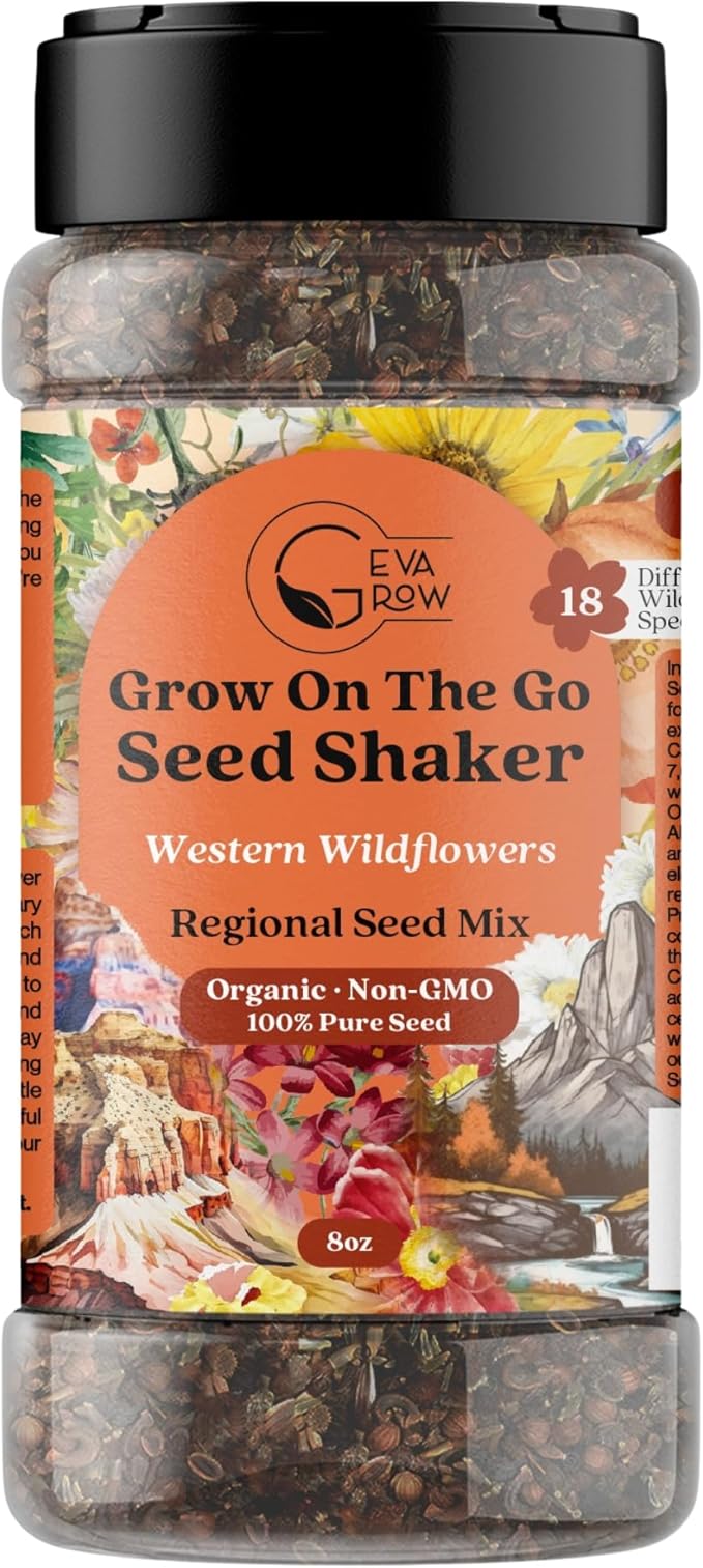 on the Go Seed Shaker - Western Wildflower Seeds Regional Mix - Organic, Non-GMO - 100% Pure Seed - 18 Different Wildflowers Seeds of Annual and Perennial, 8oz