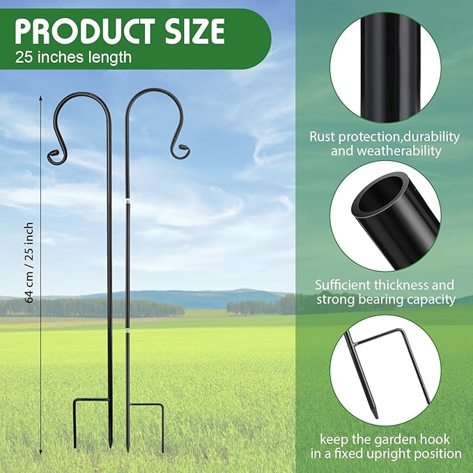 6 Pack Shepherd Hooks for Outdoor 25 Inch 1/3 Inch Thick Shepherd Metal Curled Garden Hook for Lanterns Hanging Plant Baskets Solar Lights Bird Feeders Wedding Decor, Black