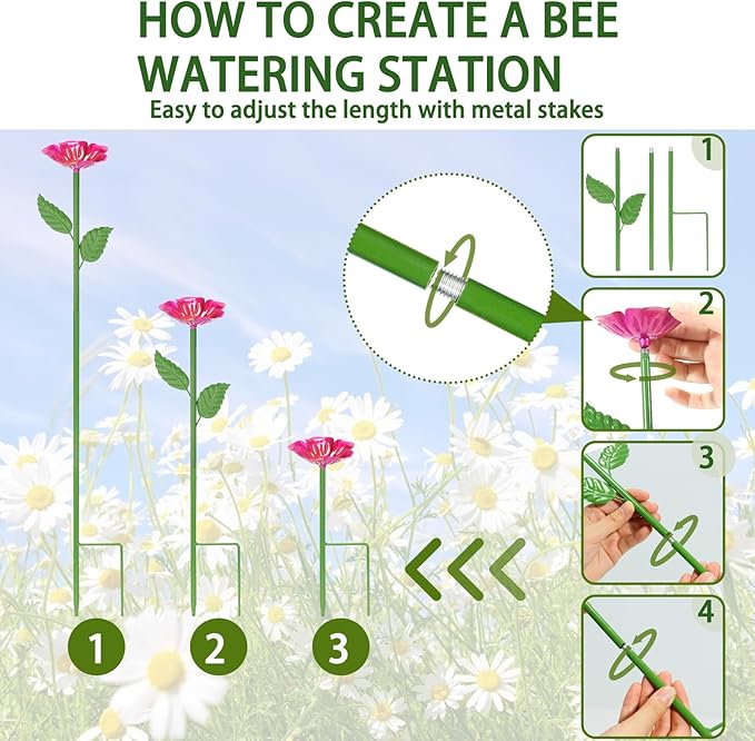 Bee Watering Station for Garden – 4 Pack Metal Flower Bee Bath with Decorative Bee, Butterfly Watering Station Cups with Glass Marbles – Butterfly Feeder for Outdoor Yard, Pollinator Water Feeder