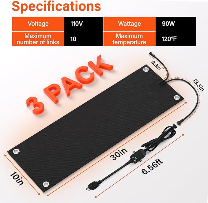 3 Pcs Heated Snow Melting Mats, 10 x 30 in No-Slip Rubber Heated Outdoor Mats, Snow and Ice Melting Mats for Winter Outdoor Stairs, Steps, Doorways,Walkways, Driveway, 2 in/h Melting Speed