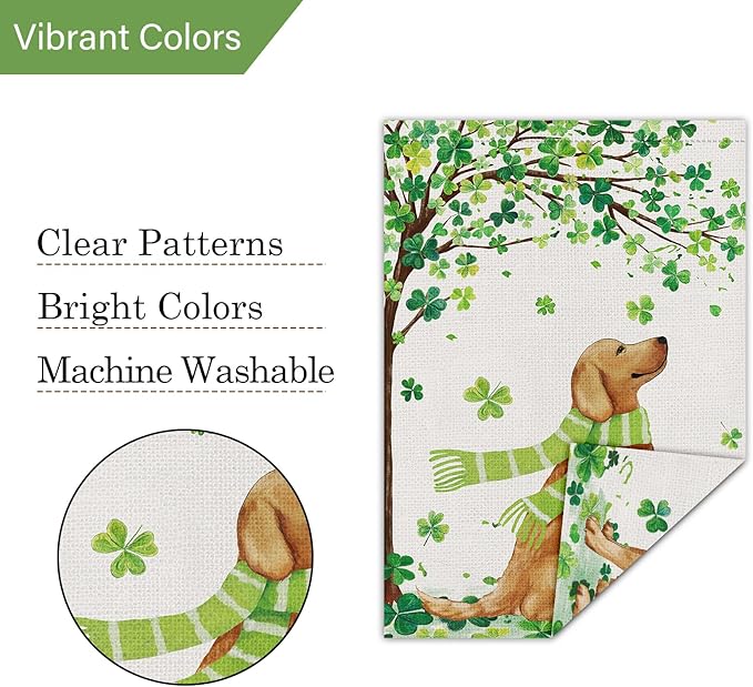 Louise Maelys St. Patrick's Day Garden Flag Lucky Clover Golden Retriever Welcome Double Sided 28x40 Inch Large Burlap Spring Holiday Yard Sign Outdoor Outside Home Decor