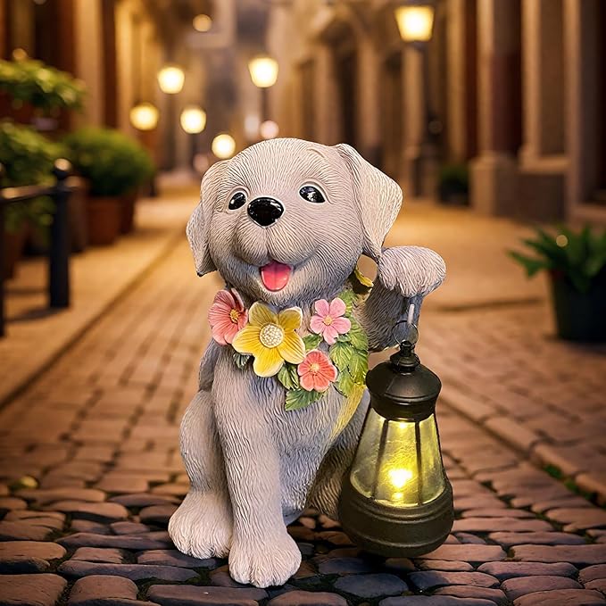 Dog Solar Light, Solar Dogs Statues Outdoor with Lantern, Cute Dogs Garden Figurines for Patio and Yard Decor, Gardening Gifts for Mom, Grandma, Dog Lovers